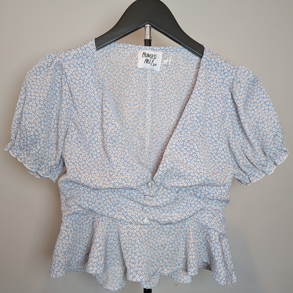 Princess Polly Light Blue Floral Wrap Peplum Blouse
